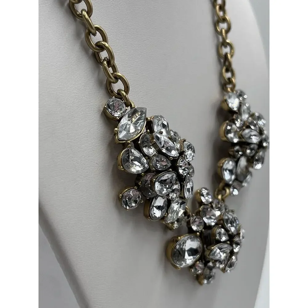 J. CREW Signed Crystal Rhinestone Gold Brass Tone Cluster Statement Necklace New